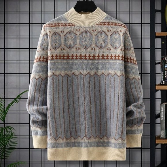 . Other - Cream And Blue Mens Geometric Print Sweater